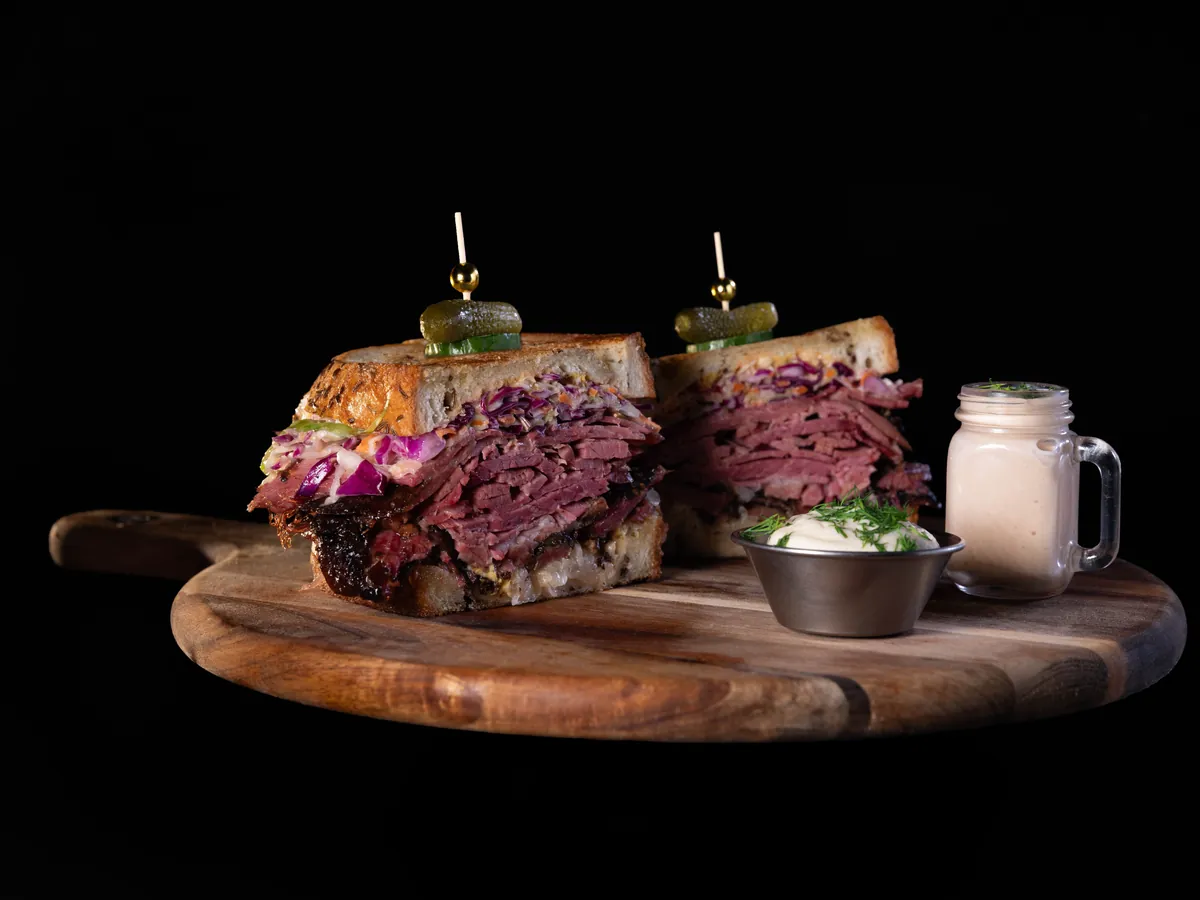 The Jeff: pastrami and corned beef sandwich with pickled Russian slaw