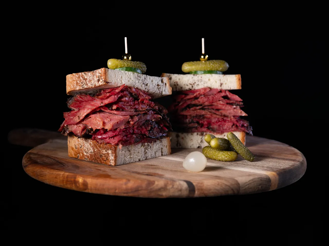 Chef David's Special Pastrami sandwich on seeded rye with Kirby sour pickles